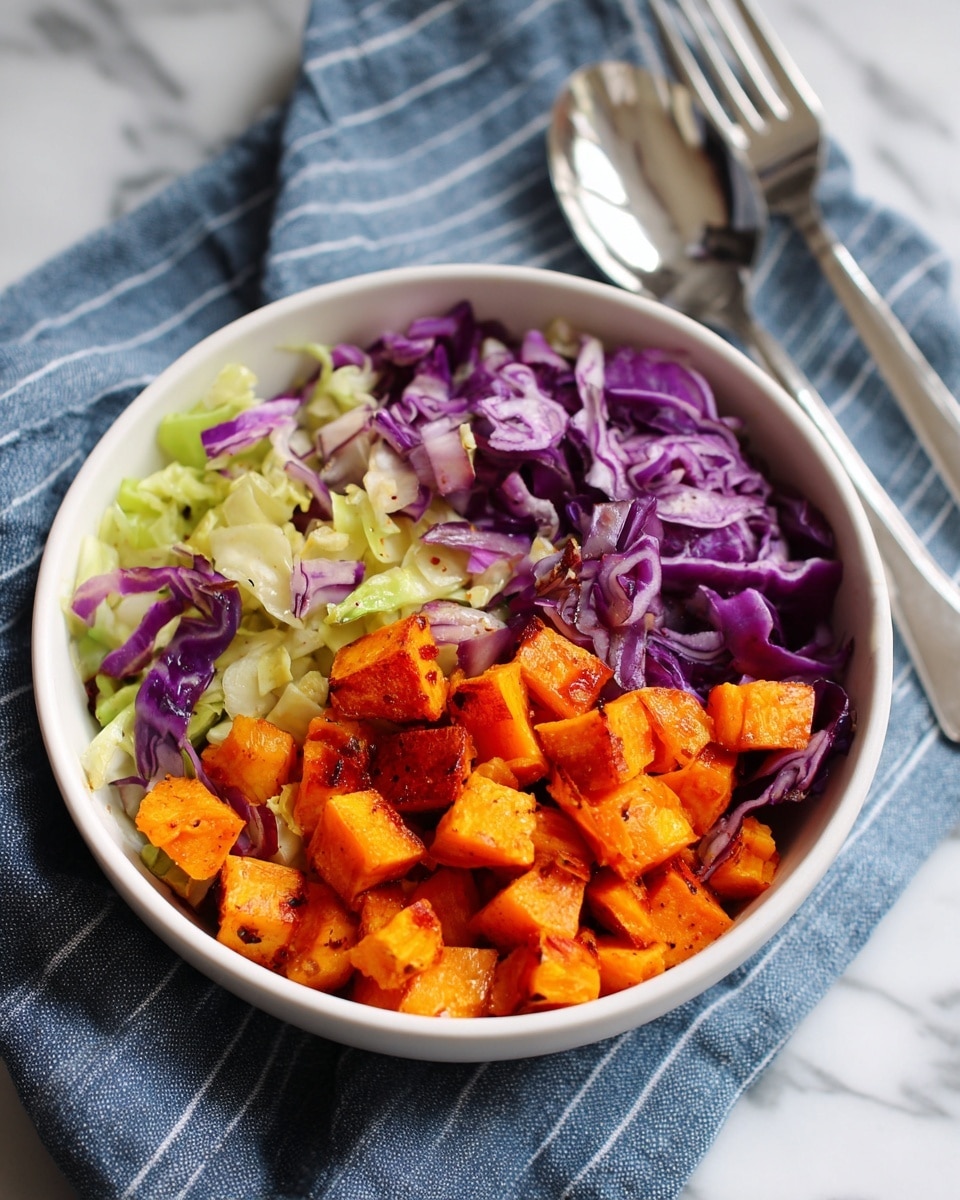 A bowl filled with a colorful cabbage salad showing layers of light green and vibrant purple cabbage pieces mixed together with bits of yellow-green vegetables and small green herb leaves scattered on top, all inside a white bowl with a thin brown rim, placed on a blue and white striped cloth with a silver spoon and fork beside it, on a white marbled surface photo taken with an iphone --ar 4:5 --v 7