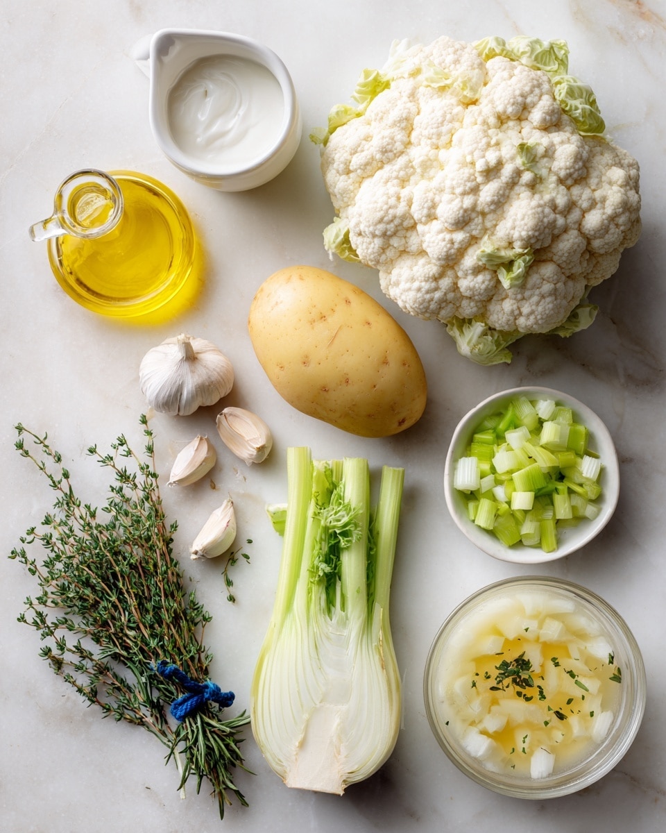 A large white cauliflower head with a light green stem sits on a white marbled surface. Next to it is a medium-sized yellow potato with a smooth texture. Nearby, a small white cup holds thick white coconut milk. A small glass bottle contains bright yellow olive oil. A whole fennel bulb, pale white with green stalks and feathery green tips, rests beside a small white bowl filled with chopped green celery pieces. A bundle of fresh green thyme is held together with a blue tie. Two small garlic cloves, pale pink and white, lie near a sprig of dark green rosemary. A small white bowl contains diced white onion pieces. Lastly, a clear container with a white lid is filled with light yellow vegetable broth with small green herb specks. The whole setup is on a white marbled surface with soft, natural light. Photo taken with an iphone --ar 4:5 --v 7
