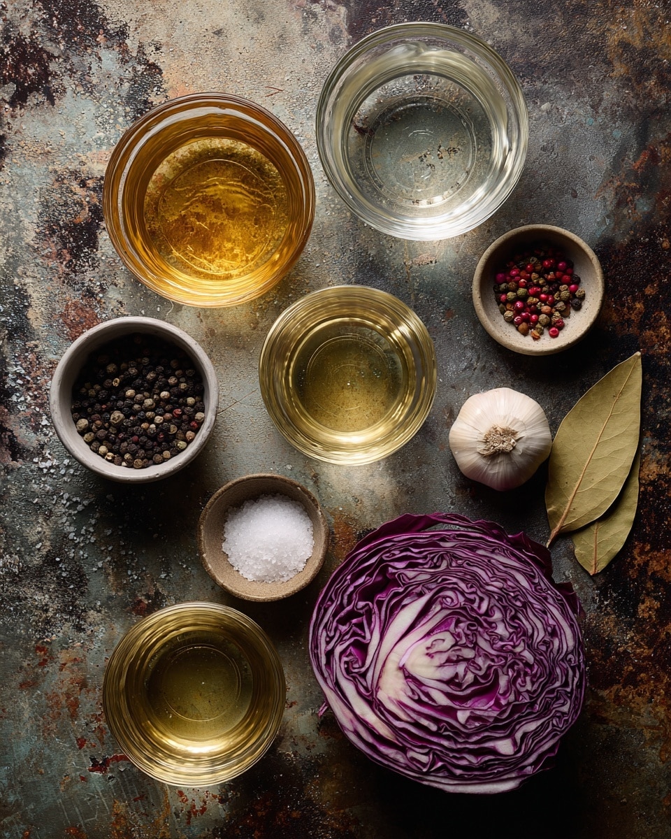 The image shows several clear glass bowls and ingredients arranged on a textured surface. There is a bowl of light golden apple cider vinegar at the top left, a bowl of clear water beneath it, and a bowl of white sugar at the bottom left. Moving toward the center, there are small bowls containing black peppercorns and black mustard seeds. A small pile of salt is placed at the top right. A bulb of garlic is positioned near the center, with two dried bay leaves next to it on the right. In the bottom right corner, there is half of a purple-red cabbage showing its detailed layers and white veins. The surface beneath everything has a rough, worn look with dark and light areas. photo taken with an iphone --ar 4:5 --v 7