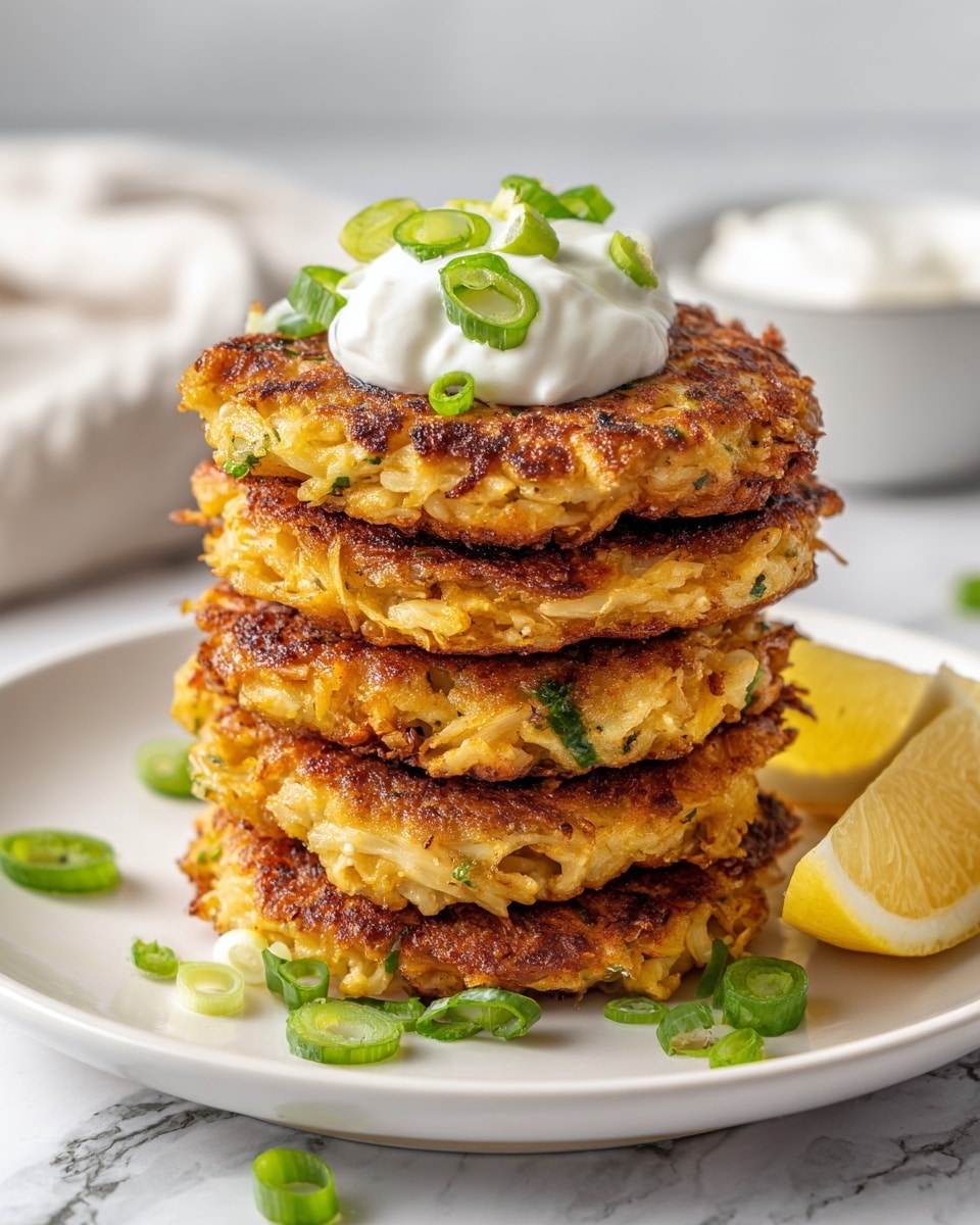 A stack of five golden brown fritters with a slightly crispy texture sits in the center of a white plate. Each fritter shows bits of shredded ingredients and has uneven edges, giving a homemade feel. On the top fritter, there is a dollop of creamy white sour cream, garnished with thin slices of bright green spring onion. Scattered green onion pieces lie around the base of the stack on the plate. To the right side of the fritters, there is a fresh yellow lemon wedge adding a pop of color. The plate is placed on a white marbled surface, and in the background, there is a small white bowl with more sour cream visible. photo taken with an iphone --ar 4:5 --v 7