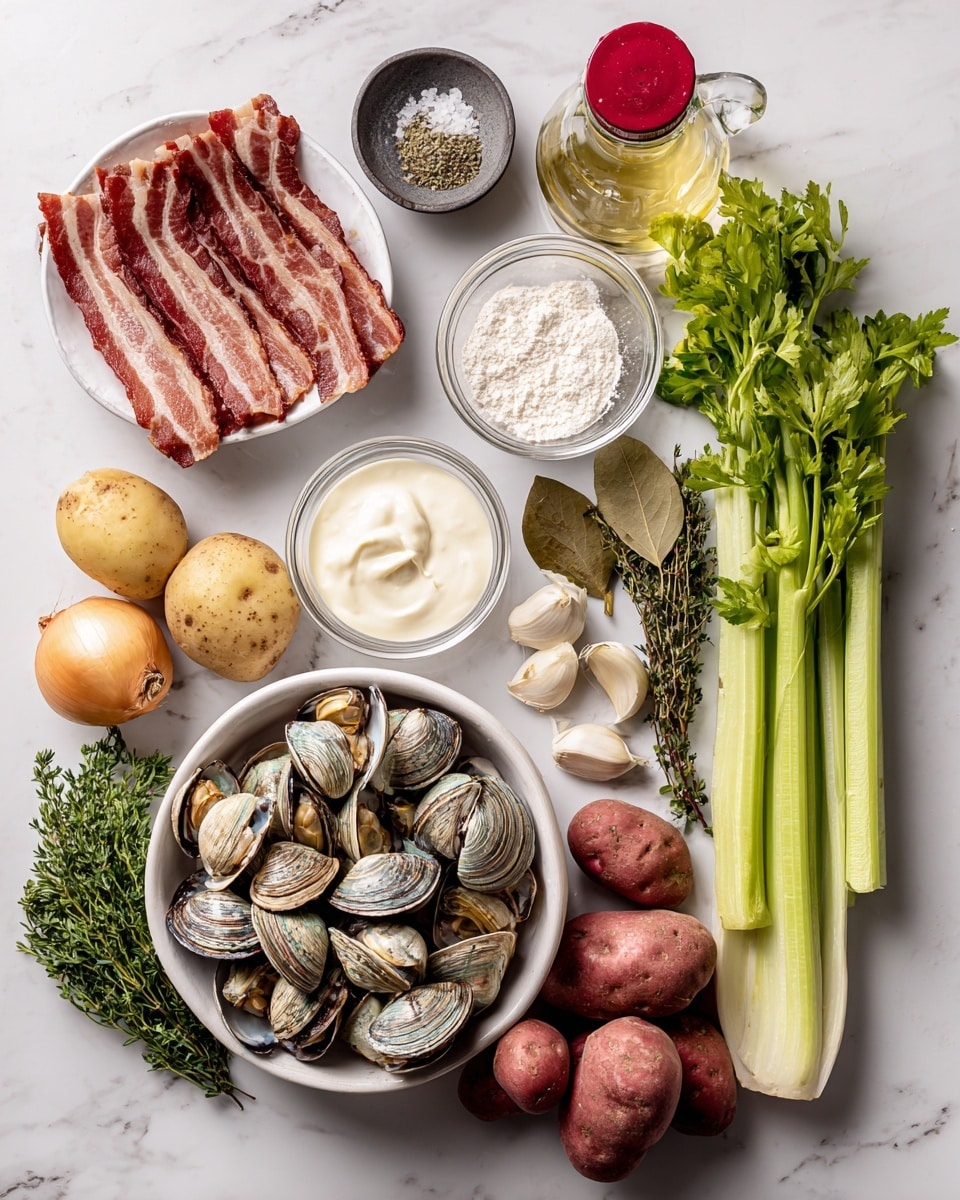 The image shows various fresh ingredients arranged neatly on a white marbled surface. In the top left, three thick strips of raw bacon lie curled inside a white bowl. Next to it, a small dark bowl holds coarse salt and pepper. Above, a clear glass bottle with a red cap filled with clam juice. Beside it, a small clear glass bowl contains white flour. Below the flour, fresh green parsley and thyme herbs are placed with distinct leaves and stems showing. At the center, a small clear bowl holds creamy white cream. Under the cream, several round red potatoes are grouped together. In the bottom left, a white bowl is filled with clams in their shells showing natural stripy patterns. To the left of the clams, a single yellow onion and two garlic cloves are placed close beside two dried bay leaves. On the far right, fresh green celery stalks with leaves are arranged vertically. The whole setup is staged neatly for clear, bright ingredient display photo taken with an iphone --ar 4:5 --v 7