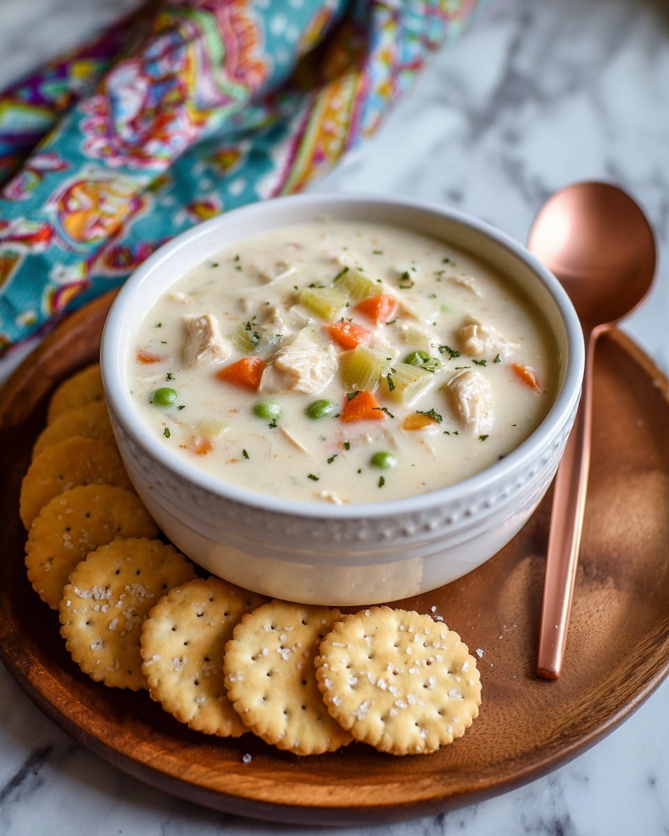 A bowl of creamy soup with a white base, filled with small chunks of light green celery and pale yellow potato pieces, as well as tiny bits of light brown meat. The soup is served in a white bowl with a light gray rim, placed on a round wooden plate. Next to the bowl, there is a shiny bronze spoon resting on the plate. The background features a fabric with a colorful floral pattern, lying on a white marbled surface. photo taken with an iphone --ar 4:5 --v 7