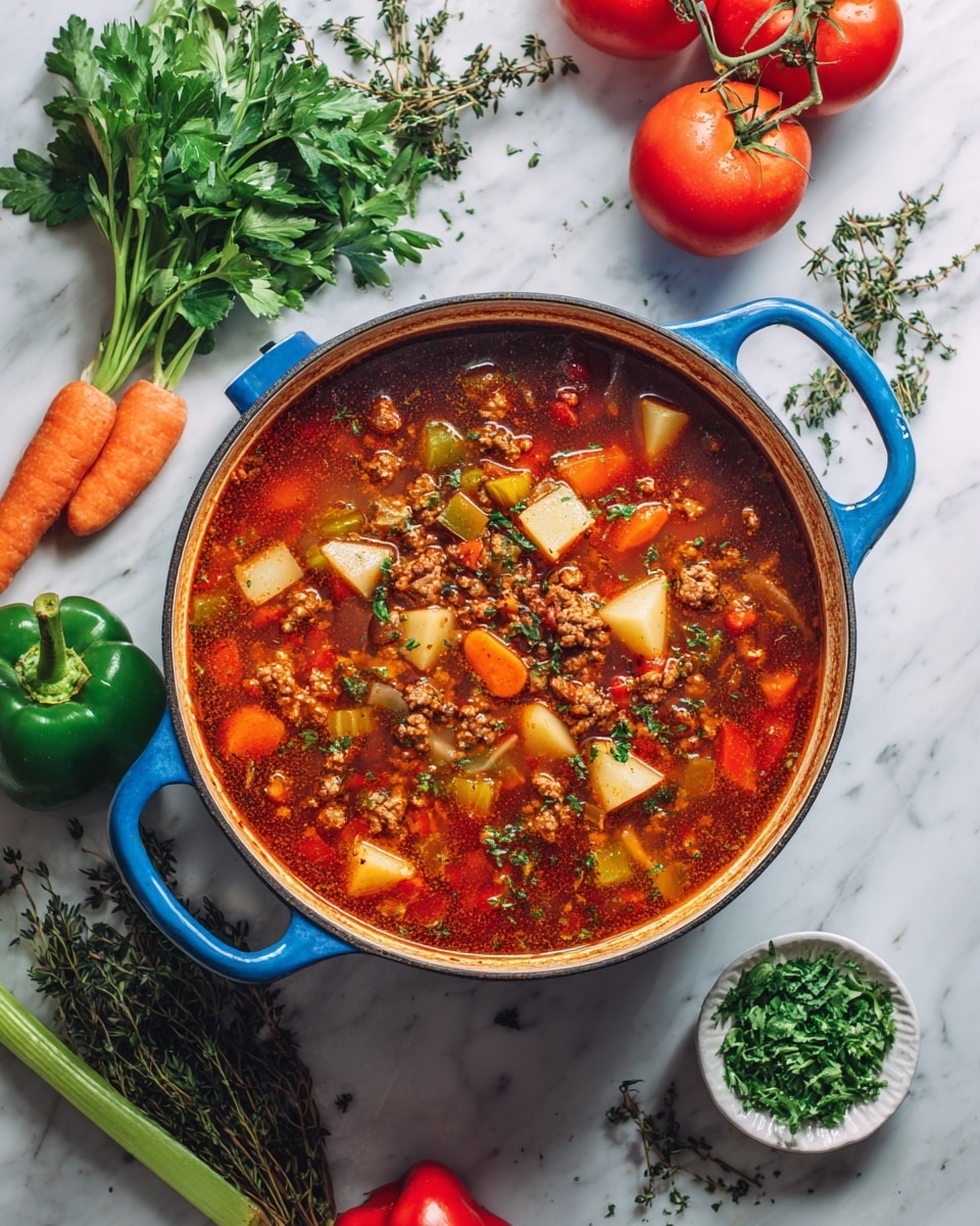 The image shows a blue handled oval pot filled with a rich red soup full of different ingredients. The soup has visible chunks of white potatoes, small pieces of ground meat, green bell peppers, orange carrot slices, celery pieces, and red tomato bits. The broth looks thick and slightly glossy, with specks of herbs and spices throughout. The pot sits on a white marbled surface surrounded by fresh ingredients including whole red tomatoes on the vine, a green bell pepper, fresh parsley sprigs, a carrot slice, celery stick, and fresh thyme. A small white bowl with chopped greens is also nearby. The scene is bright and fresh, highlighting the colorful vegetable soup. photo taken with an iphone --ar 4:5 --v 7