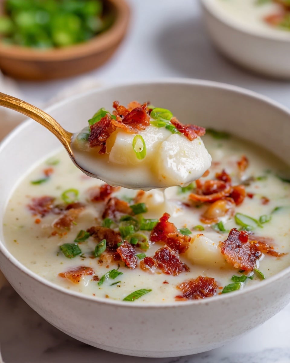 Two white bowls filled with creamy potato soup, each topped with crispy bacon pieces and fresh green onion slices. The soup has a thick, smooth texture with visible potato chunks scattered throughout. The bowls rest on a white marbled surface with a beige and white striped cloth nearby, along with saltine crackers and slices of white bread. A turquoise cup and a glass bottle of milk are partially visible in the background. The lighting is soft, highlighting the warm, comforting appearance of the soup. photo taken with an iphone --ar 4:5 --v 7