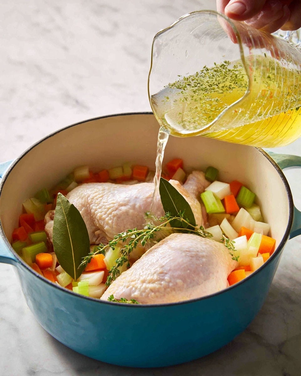 A light blue pot with two large raw chicken pieces resting on a bed of small diced vegetables including orange carrots, green celery, and white onions at the bottom, along with two bay leaves on top; the second layer shows a woman's hand pouring a clear yellow broth with green herbs from a transparent measuring cup above the same pot, which sits on a white marbled surface. photo taken with an iphone --ar 4:5 --v 7