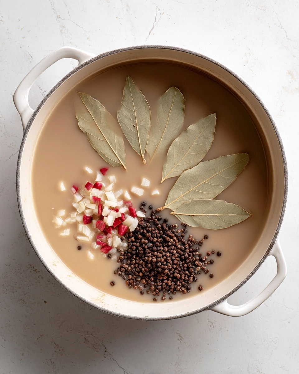 A white round pot holds a light brown liquid with four large bay leaves floating on the surface. On one side, there is a cluster of small, diced red and white pieces, while below the bay leaves is a pile of dark brown seed-like spices. The pot has two handles and sits on a white marbled surface. The overall image looks clean and simple with natural colors. photo taken with an iphone --ar 4:5 --v 7