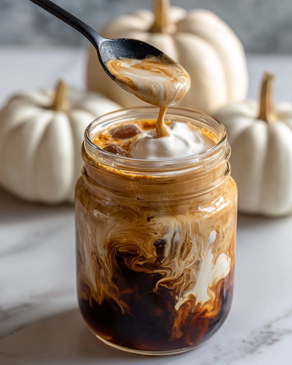 The image shows a clear jar filled with three visible layers: the bottom layer is dark brown coffee, the middle layer is a swirling mix of light brown with white cream mixing into the coffee, and the top layer is thick, white foam extending slightly over the rim. A black spoon lifts some of the creamy foam above the jar. The jar is placed on a white marbled surface with three white pumpkins in the blurry background. Photo taken with an iphone --ar 4:5 --v 7