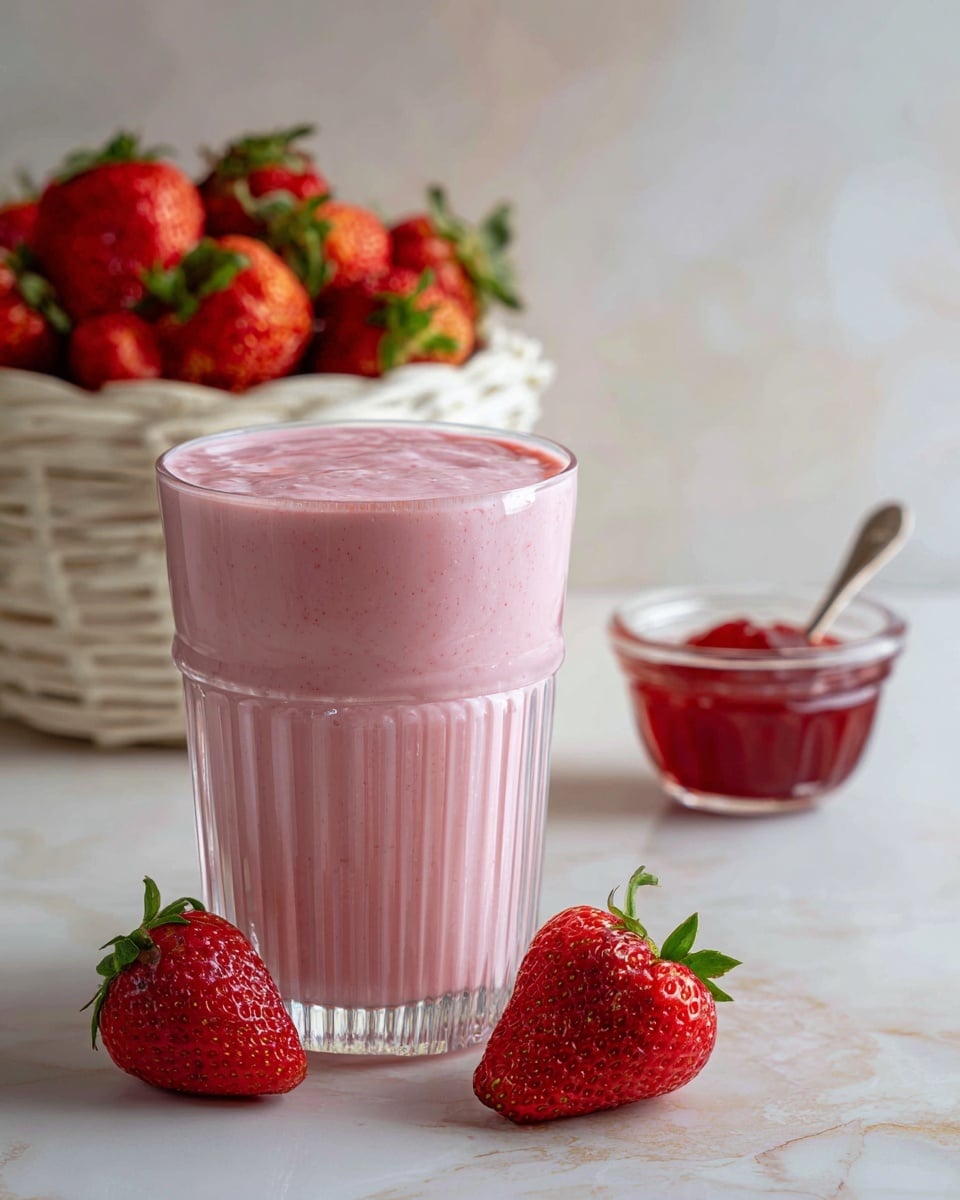 A woman's hand holds a small glass jar filled with a pale pink creamy drink that has tiny darker pink specks inside. The jar has a silver metal lid and an embossed measuring scale on the front. In the background, there is a square white bowl with red strawberries and a few white kitchen towels with light blue stripes on a soft, out-of-focus white marbled surface. Photo taken with an iphone --ar 4:5 --v 7
