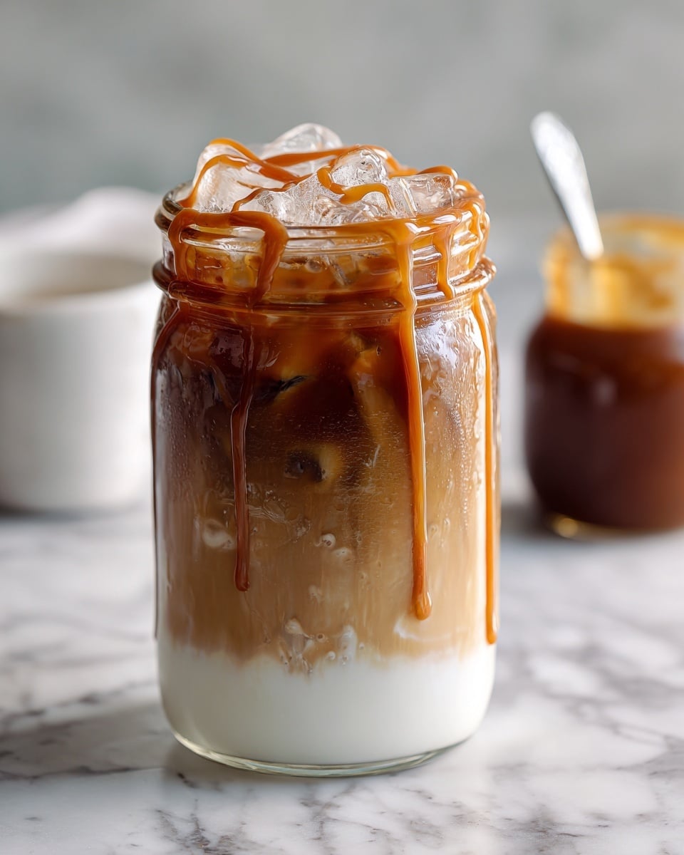 A clear glass jar filled with a three-layer iced drink placed on a white marbled surface; the bottom layer is a thick caramel brown liquid, the middle layer is a lighter cream color that blends softly into the bottom, and the top layer is white foam with ice cubes visible inside. Caramel sauce drips down the outside of the glass rim and is drizzled in swirls across the top foam. In the background, there is a blurred jar of caramel sauce with a spoon inside. Photo taken with an iphone --ar 4:5 --v 7