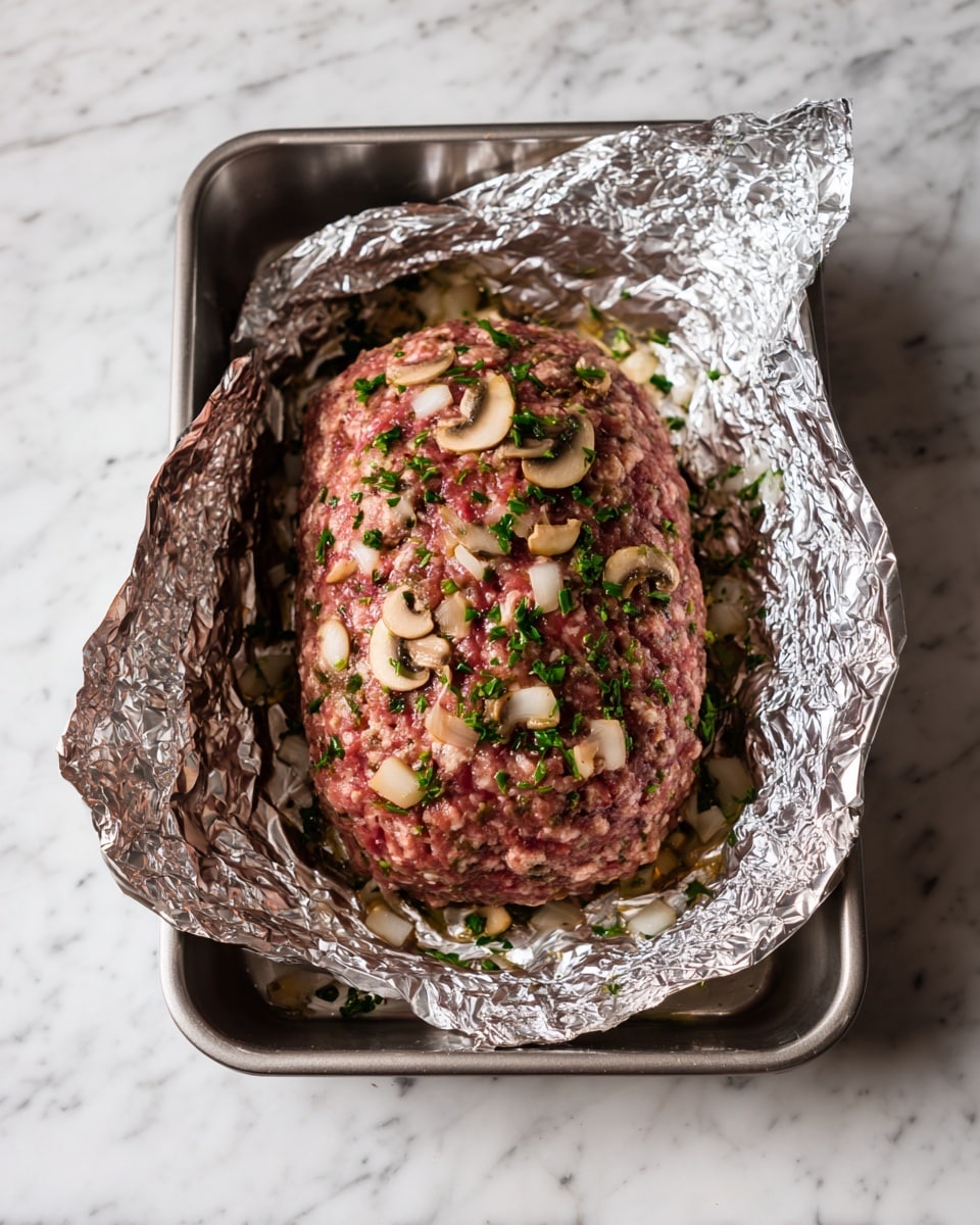A rounded, oval-shaped meatloaf made from raw ground meat mixed with pieces of sliced mushrooms and green herbs is placed in the center of a rectangular metal baking pan lined with shiny silver foil. The meatloaf is reddish with scattered brown and white mushroom pieces and small green flecks. The baking pan sits on a white marbled surface. photo taken with an iphone --ar 4:5 --v 7