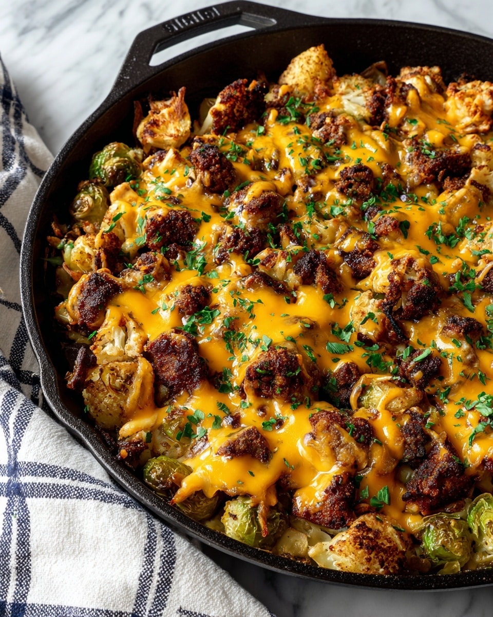 A black cast iron pan filled with a mixed dish consisting of several layers: the base layer is golden, lightly browned small potato cubes scattered unevenly; above them are hearty pieces of browned, seasoned meat with a slightly charred texture; thin layers of melted orange cheddar cheese draped over the potatoes and meat, melting into crevices; a sprinkling of fresh green parsley leaves scattered evenly across the top adds a fresh touch; the pan has a red silicone handle cover and sits on a white marbled surface photo taken with an iphone --ar 4:5 --v 7