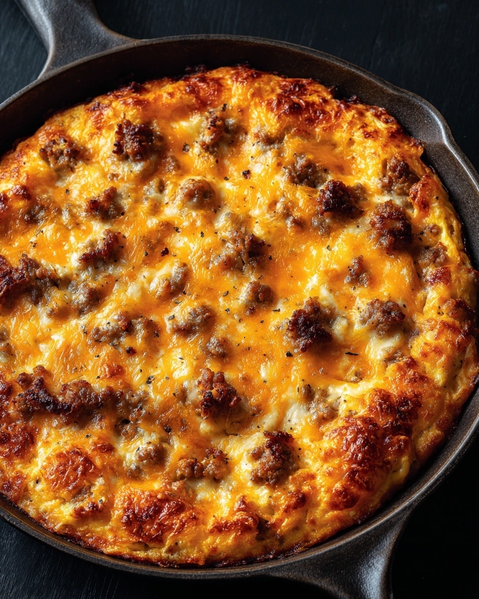 A golden-brown baked dish with a rough, bubbly texture fills a dark cast iron skillet, showing layers of melted cheese in bright orange and light yellow colors mixed with small chunks of browned meat scattered throughout. The edges are slightly crisp and darker, while the center is puffed and soft with a mix of orange and creamy yellow colors. The skillet handle slightly curves out on the left side, with the dish resting on a black surface. Photo taken with an iphone --ar 4:5 --v 7