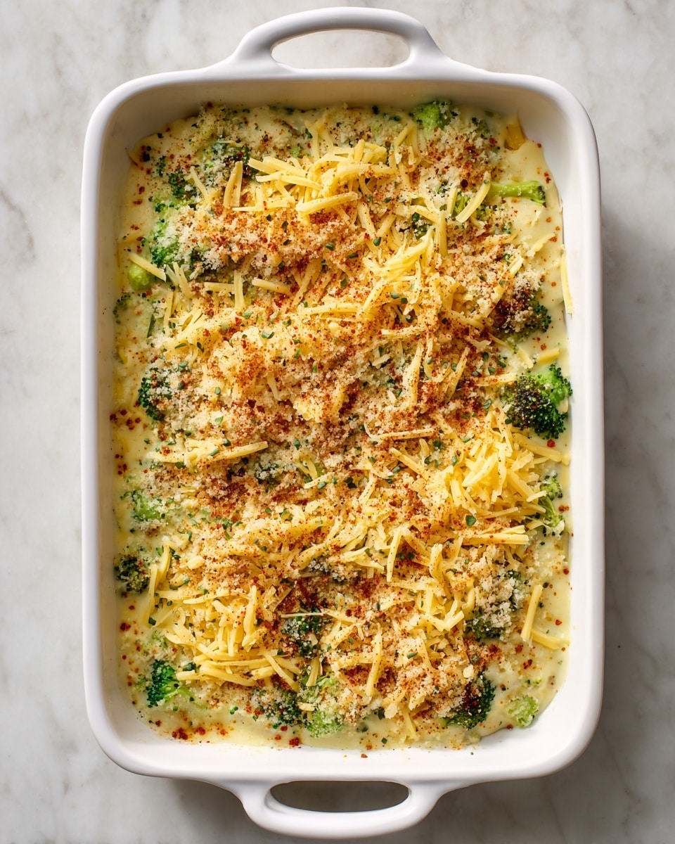 A white rectangular baking dish filled with a creamy layered casserole topped with a mix of shredded yellow and white cheese scattered unevenly on top. The casserole surface shows specks of green, likely from vegetables like broccoli, blended into the creamy base, and a light dusting of reddish spice is spread across the cheese. The dish is placed on a white marbled surface, with the handle of the baking dish visible at the top center. The texture looks soft and creamy under the grated cheese, creating a rich, inviting look photo taken with an iphone --ar 4:5 --v 7