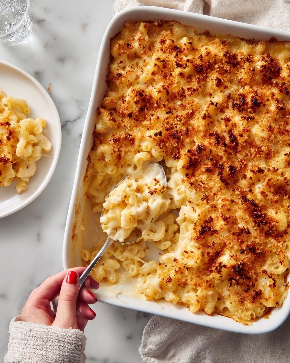 A white square baking dish filled with creamy macaroni and cheese is shown with a spoon lifting a portion from the dish. The dish has two main layers: the bottom layer is soft elbow macaroni covered in thick, smooth, melted cheese sauce with a pale yellow color. The top layer is a golden brown, crispy breadcrumb crust that looks crunchy and evenly toasted. The cheese stretches slightly from the spoon to the dish, showing its smooth and creamy texture under the crust. The dish is placed on a white marbled surface with a white cloth partially visible at the top. Photo taken with an iphone --ar 4:5 --v 7