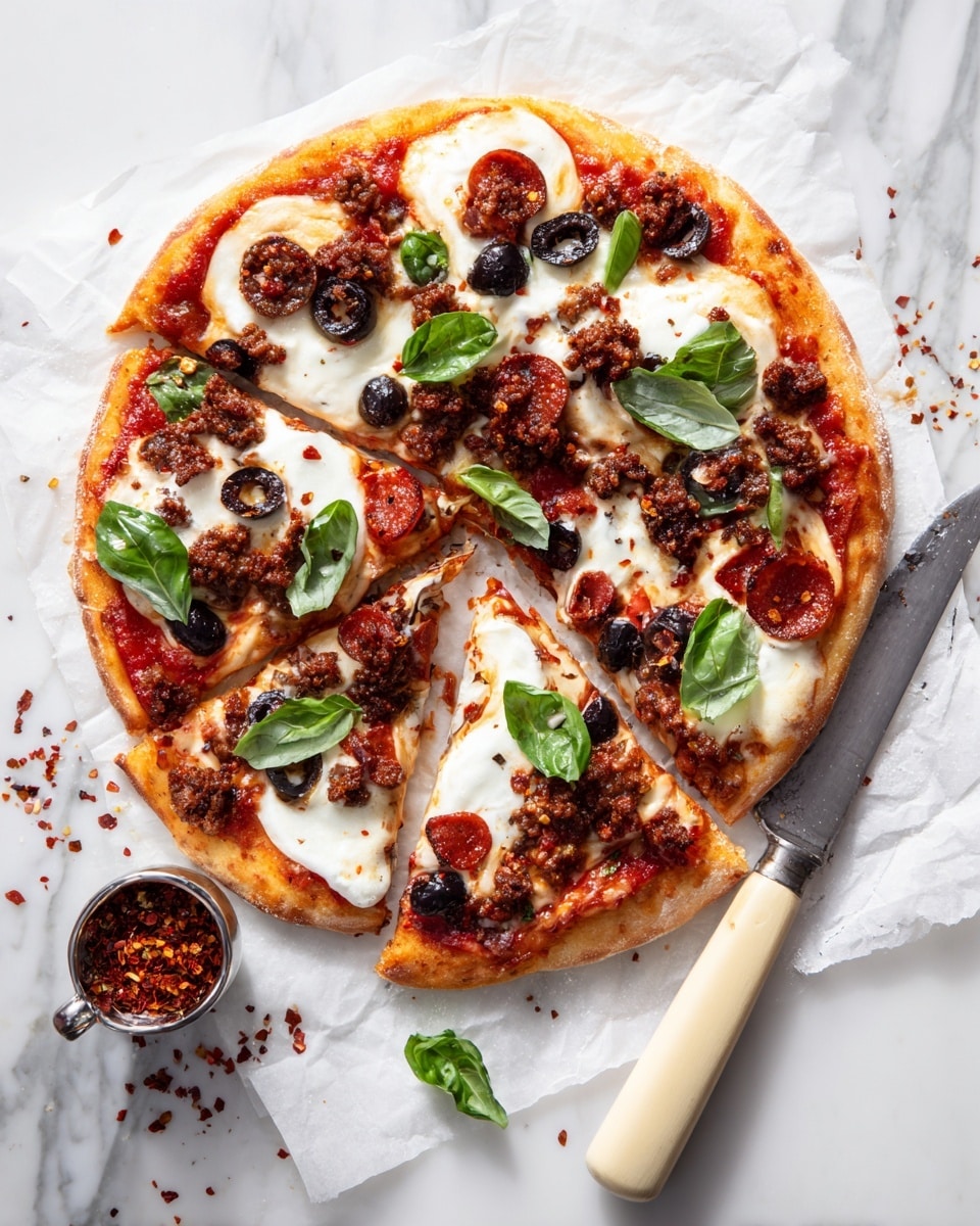 A round pizza with a golden-brown thin crust forms the base, topped with a bright red tomato sauce layer evenly spread across. On top, there are melted white cheese patches scattered around, followed by dark brown crumbled meat pieces and round red pepperoni slices. There are also whole black olives placed randomly, and fresh green basil leaves scattered on top, adding a fresh pop of color. Next to the pizza, on the white plate, there is a small fluted metal bowl filled with red chili flakes. The plate sits on a white marbled surface with a white napkin partially visible underneath. Photo taken with an iphone --ar 4:5 --v 7