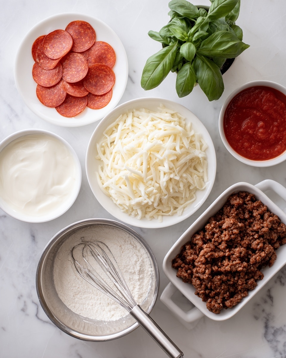 Top view of a white marbled surface with several white bowls and a silver bowl arranged neatly. In the silver bowl at the bottom is white flour with a metal whisk resting inside. To the left, a white bowl contains round slices of red pepperoni. Above that, a white plate holds a generous pile of shredded white mozzarella cheese. To the right, a white dish is filled with cooked, brown ground beef. In the top right corner, a white bowl holds bright red tomato sauce. A green basil plant in a small pot sits near the center top of the image. The scene has soft natural light and clean, simple styling. photo taken with an iphone --ar 4:5 --v 7