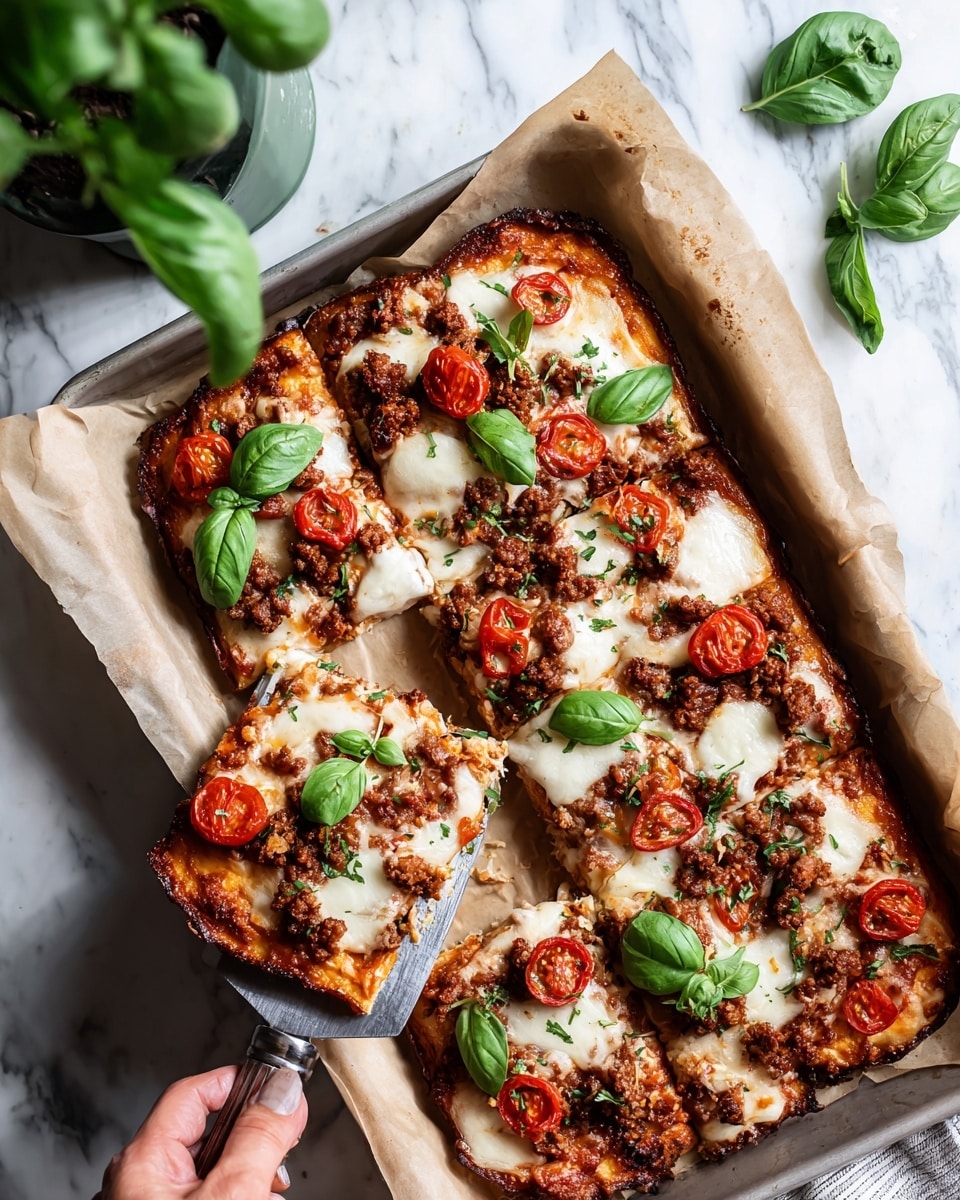 A thick rectangular pizza on parchment paper in a metal tray, with a rough orange tomato sauce base, a layer of browned ground meat spread evenly, scattered slices of red pepperoni, and melted white cheese blobs melting into the topping. Fresh green basil leaves are placed on top, adding color contrast. One slice is being lifted by a woman's hand with a metal spatula, showing melted cheese stretching slightly. The background is a white marbled surface with loose basil leaves and a green plant pot in the corner, photo taken with an iphone --ar 4:5 --v 7