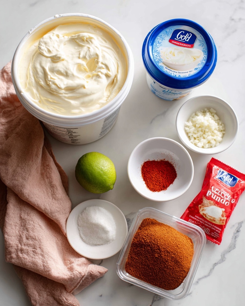 The image shows various ingredients arranged on a white marbled surface. There is a large white jar of Hellmann’s Real Mayonnaise with a blue lid positioned in the center, next to a white tub of Gold brand sour cream with a white lid on the left. Above these, there is a whole green lime placed beside two small white bowls, each containing spices: one bowl has a small amount of crushed garlic, and the other has bright red cayenne pepper powder. To the right of the lime and bowls, there is a red packet of Compliments chili powder, and below it, a clear plastic container filled with ground cumin with a red lid. A soft pinkish-brown cloth partially lies under the sour cream container on the left side. The overall setup is clean and well-organized, with the ingredients clearly visible and separated. photo taken with an iphone --ar 4:5 --v 7