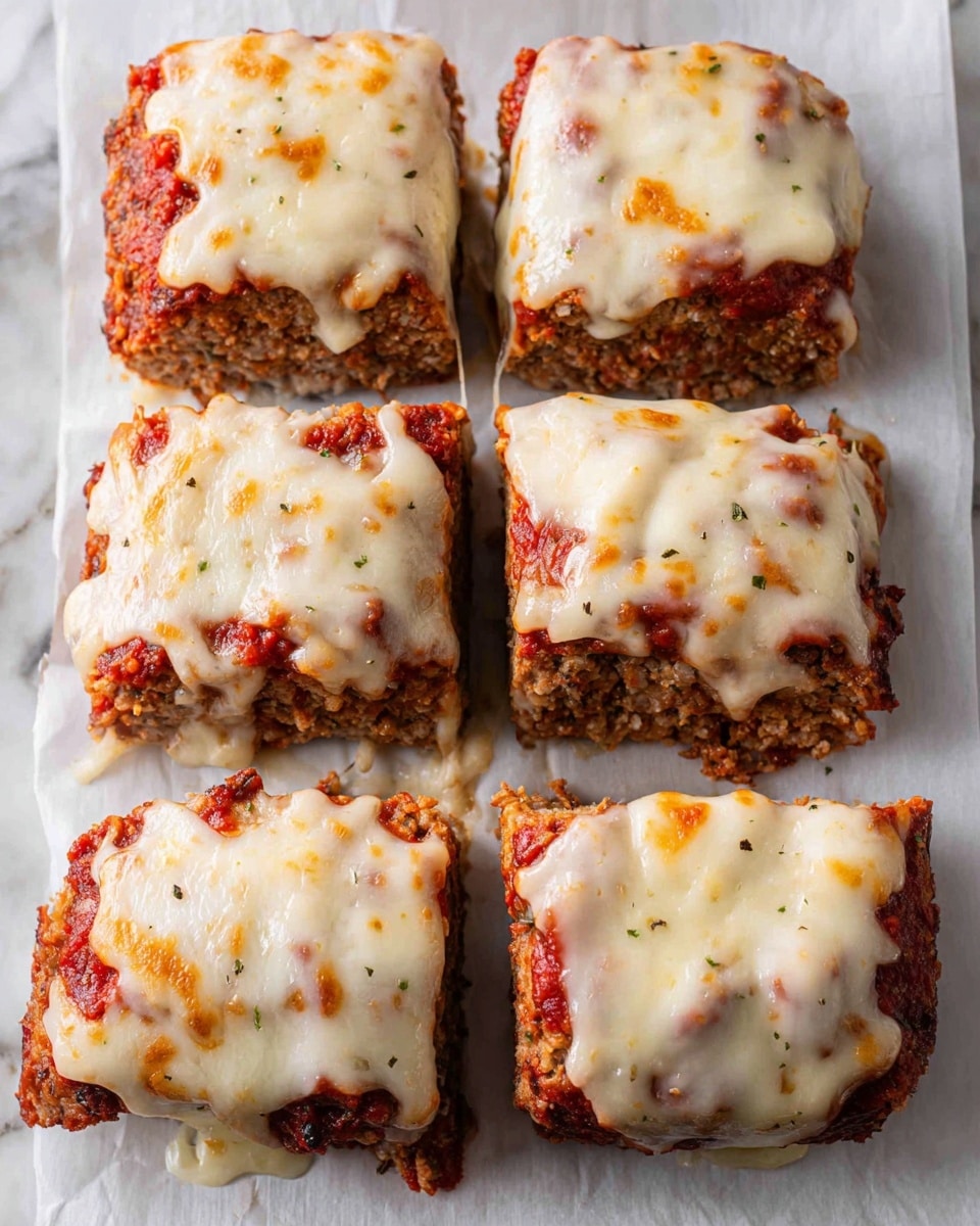 The image shows six pieces of cooked meatloaf arranged in two columns on a white marbled surface covered with parchment paper. Each piece has a base layer of brown, slightly crumbly meat with visible seasoning and herbs. On top of this layer is a spread of red tomato sauce, though it is partially hidden. The top layer is melted cheese that covers each piece completely, with a mix of white and orange-yellow colors, slightly bubbling and dripping over the edges, creating a rich and melted texture. Some cheese has spilled out around the pieces onto the parchment paper, adding to the melted effect. photo taken with an iphone --ar 4:5 --v 7
