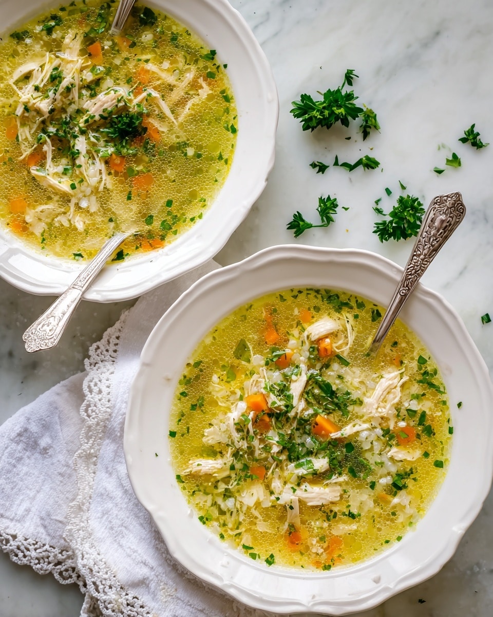 The image shows two white scalloped bowls filled with a light yellow broth containing shredded pieces of white chicken, small white grains, and finely chopped green herbs scattered throughout. Each bowl has a silver spoon with a patterned handle resting inside. The bowls sit on a white marbled surface with additional small green herb pieces scattered around casually. A white cloth napkin with lace trim is placed near the bowls. The scene is brightly lit and has a fresh, clean look. photo taken with an iphone --ar 4:5 --v 7