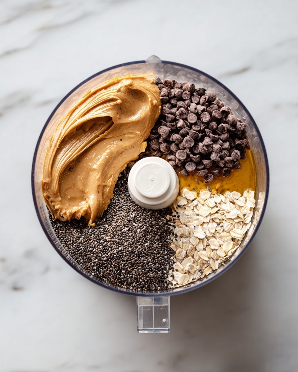 A clear food processor bowl sitting on a white marbled surface is filled with several layers of ingredients: a thick scoop of light brown peanut butter on the right, a pile of dark brown chocolate chips below it, a heap of small black chia seeds to the left, a pool of golden honey or syrup next to them, and a sprinkling of pale oat flakes around the edges. The middle of the bowl shows the white plastic blade guard. photo taken with an iphone --ar 4:5 --v 7
