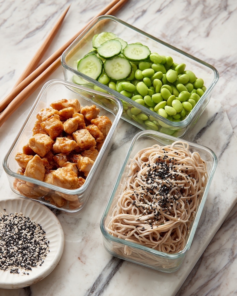 Three rectangular clear glass containers hold a meal arranged in three parts: on the left, chunks of golden-brown cooked chicken pieces with a slightly crispy texture; in the middle, a mix of bright green edamame beans and sliced cucumber pieces with a fresh, smooth look; on the right, a nest of light tan noodles sprinkled with black sesame seeds for texture and color contrast. The containers are placed on a white marbled surface, with wooden chopsticks resting on or near them, and a small white plate with more black and white sesame seeds nearby. Photo taken with an iphone --ar 4:5 --v 7