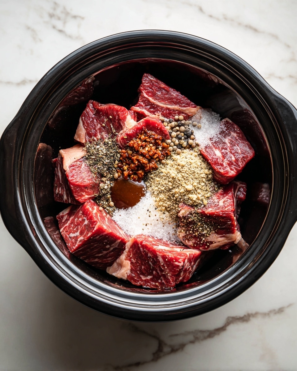 A black slow cooker bowl sits on a white marbled surface, filled with thick raw beef cuts layered in the center; the beef is deep red with white marbling and fat edges. On top of the beef layers, there are scattered spices including a light beige powder, coarse white salt, black pepper, and a small dollop of dark brown sauce, creating a mix of colors and textures. The spices sit unevenly over the beef, giving a sense of seasoning before cooking. photo taken with an iphone --ar 4:5 --v 7