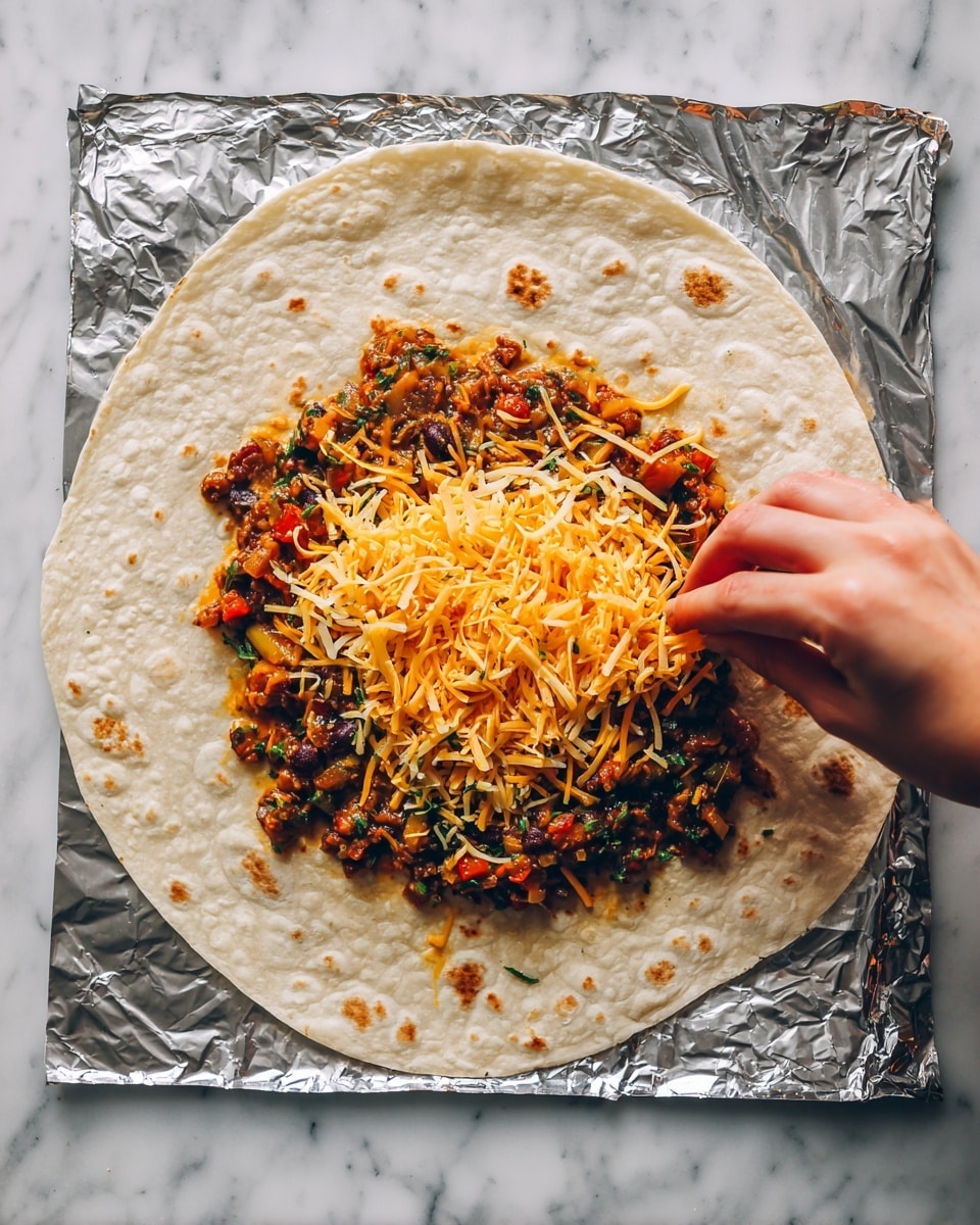 A white flour tortilla laid flat on a piece of aluminum foil on a white marbled surface, with a thick mixture of cooked vegetables and herbs spread over one side near the center, showing shades of light brown, orange, red, and green. A woman's hand is sprinkling shredded yellow cheese evenly on top of the vegetable mix, with some cheese strands falling softly around the edges of the filling. The tortilla's texture shows faint toasted spots, and the foil beneath has shiny wrinkles reflecting light. Photo taken with an iphone --ar 4:5 --v 7