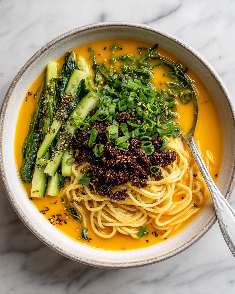 A round green bowl holds a dish with a creamy beige sauce at the bottom. Thin white noodles are partly covered by the sauce and arranged in a neat layer. On top, there is a generous layer of dark brown cooked minced topping spread mostly in the center. To the right side, there are fresh, light green cucumber sticks placed in a small bundle. Small chopped green herbs are sprinkled over the brown minced topping and cucumber sticks. In the background, there are two white bowls, one filled with more dark brown cooked minced topping and the other with chopped green onions and herbs. Everything is placed on a white marbled surface. Photo taken with an iphone --ar 4:5 --v 7