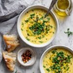 Smoky Vegan Yellow Split Pea Soup with Corn and Cashew Cream Recipe