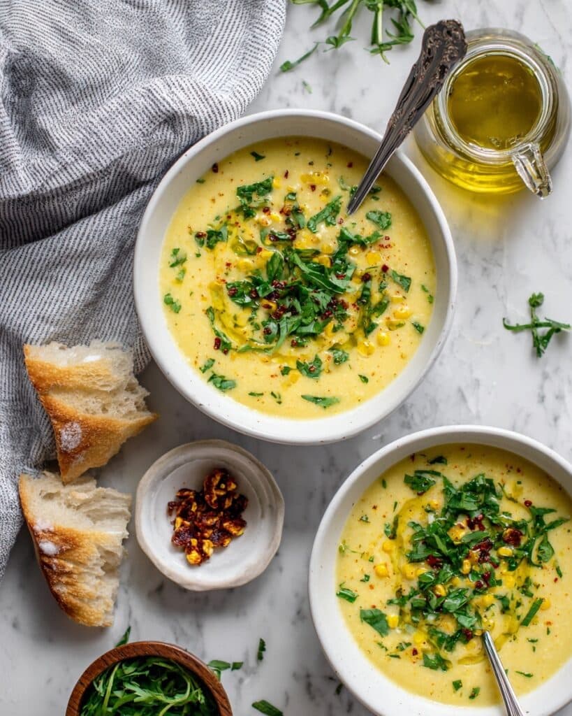 Smoky Vegan Yellow Split Pea Soup with Corn and Cashew Cream Recipe