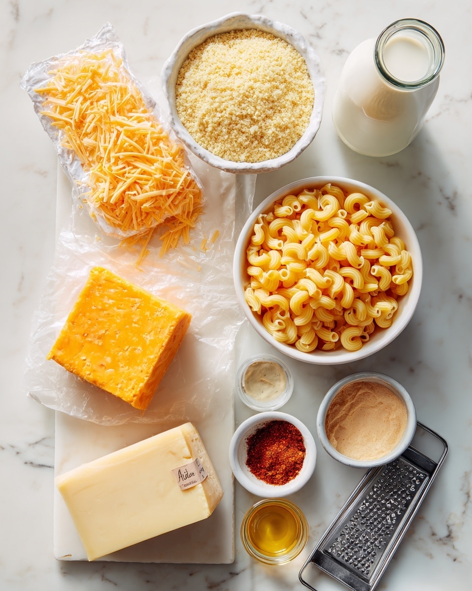 This image shows several ingredients for cooking arranged neatly on a white marbled surface. At the top right, a white bowl is filled with light yellow breadcrumbs, next to a bottle of milk with a glass top on the right side. Below, another white bowl holds uncooked elbow-shaped pasta, bright yellow in color. To the left, there is a block of bright orange grated cheese, with some shredded cheese loose beside it and an old-fashioned metal grater laying on its side. Below that, two thick blocks of pale yellow cheese are stacked slightly angled, with one having a paper label. Near the bottom left are three small round containers: one with golden liquid (likely oil), another with red powder (paprika or chili), and the last with smooth beige sauce or mustard. At the top left, a wrapped block of unsalted butter rests diagonally. Photo taken with an iphone --ar 4:5 --v 7