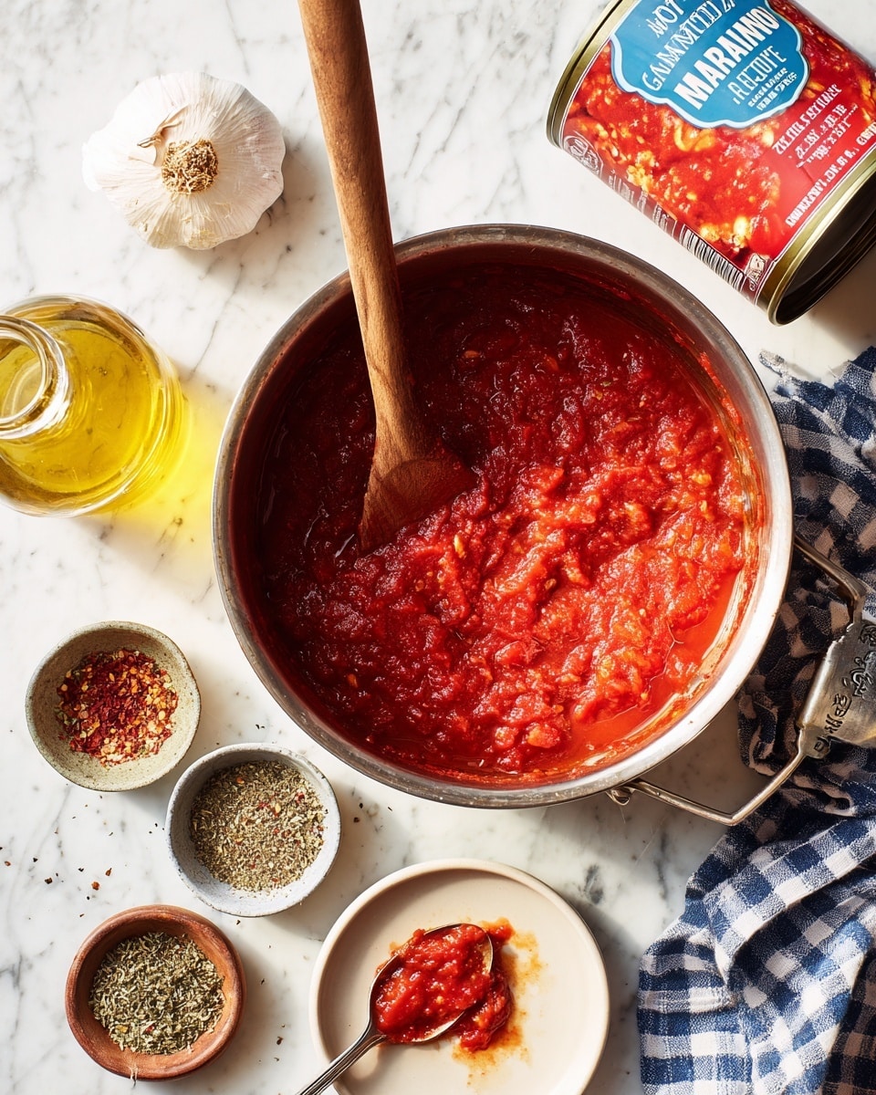 A metal pot filled with bright red marinara sauce that has a thick and chunky texture sits on a white marbled surface. Inside the pot, a wooden spoon is resting with its handle pointing upward. To the left side, there is a whole garlic bulb and a small jar of yellow olive oil. Below the pot, a white plate holds a silver spoon with some marinara sauce on it. Nearby, two small round bowls sit side by side: one with dried red chili flakes, and the other with dried oregano. A blue and white checkered kitchen towel lies on the right side. A can of finely chopped tomatoes with red and blue colors and labeled