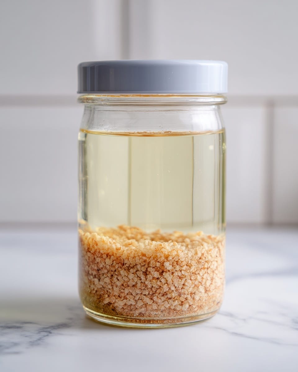 A clear glass container with a light gray lid holds a layer of light brown puffed grains at the bottom, making up about half of the container's height, topped by a clear pale yellowish liquid filling the rest. The container sits on a white marbled surface with a blurred white tiled background. The grains have a slightly rough texture with varied sizes, and the liquid above is smooth and reflective. photo taken with an iphone --ar 4:5 --v 7