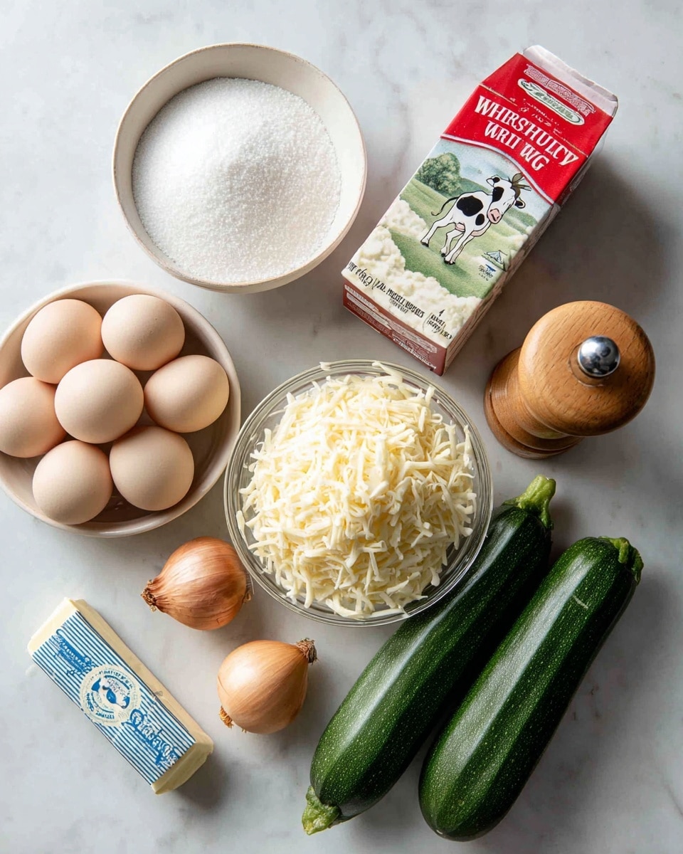 A white marbled surface holds various ingredients neatly arranged: a white round bowl filled with white granulated sugar on the left, next to six light brown eggs placed together in a loose group, and a small stick of pale yellow butter with blue and white wrapping in the bottom left corner. Above the eggs is a red carton of heavy whipping cream with white and black text and a cartoon cow. In the center is a clear glass bowl filled with shredded pale yellow cheese. To the right of the bowl are two dark green zucchinis lying side by side, and next to them are two small light brown shallots with their outer skin and tails intact. On the far right stands a wooden pepper grinder with a silver top. The overall scene is clean and bright with soft natural light. photo taken with an iphone --ar 4:5 --v 7