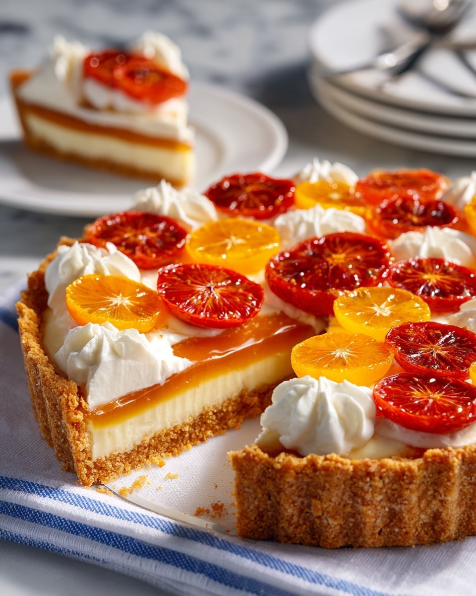 The image shows a tart with three visible layers: a thick, crumbly golden crust at the bottom, a smooth, glossy caramel-colored filling in the middle, and soft white dollops of cream on top. The tart is decorated with thin slices of deep red blood orange and bright yellow kumquats, arranged evenly over the cream and filling. The tart sits on a white cloth with a blue stripe, placed on a white marbled surface, and in the background, there is a blurred white plate holding a slice of the tart with a silver fork beside it. Photo taken with an iphone --ar 4:5 --v 7