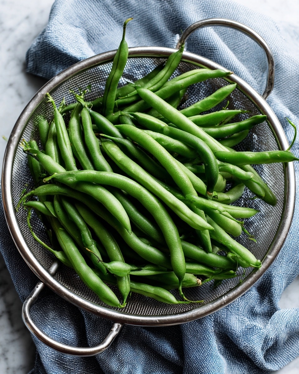 A shiny metal mesh colander filled with fresh green beans, showing their smooth and firm texture, sits on a folded blue-gray cloth with a soft woven pattern, all placed on a white marbled surface. The beans are bright green and layered naturally inside the colander, which has a rounded shape and metal rim. photo taken with an iphone --ar 4:5 --v 7