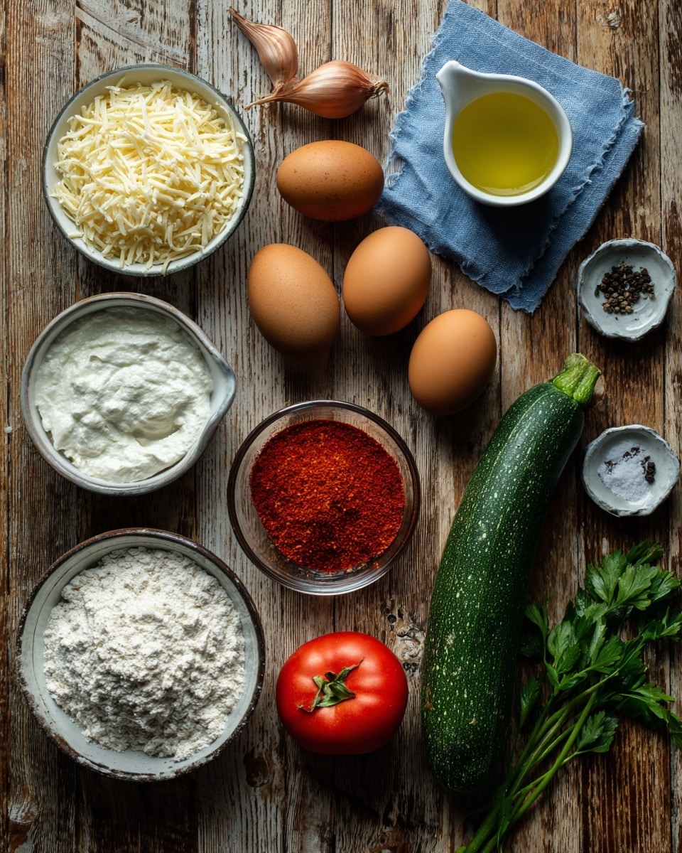 The image shows a wooden surface with many cooking ingredients neatly arranged. There are three brown eggs near the center above some red shallots. To the right, there is a long, dark green zucchini and a fresh green parsley sprig. In the middle, a small glass bowl holds bright red paprika powder. Nearby, a red tomato sits on the wood. At the top right, a small white cup with yellow oil rests on a blue napkin. On the left side, there is a white small bowl with shredded cheese, a glass jug with milk, a metal tablespoon with flour, a small glass bowl with white powder, and a small white bowl with shredded cheese again. At the top right corner, a tiny white bowl has black pepper and salt. The whole setup is on a white marbled texture. photo taken with an iphone --ar 4:5 --v 7