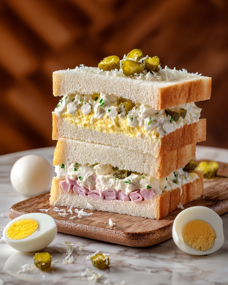 The image shows a slice of layered sandwich cake with three visible layers of soft white bread. The bottom layer has small ham cubes mixed with white creamy sauce, the middle layer is made of light yellow egg salad with pickle bits, and the top layer has finely chopped pickles within cream. The exterior is covered in white creamy spread with scattered pickle slices and some shredded white cheese on top. There are also sliced boiled eggs and small dots of ketchup on the top left part of the cake. The sandwich cake rests on a wooden board which is placed on a white marbled surface. photo taken with an iphone --ar 4:5 --v 7