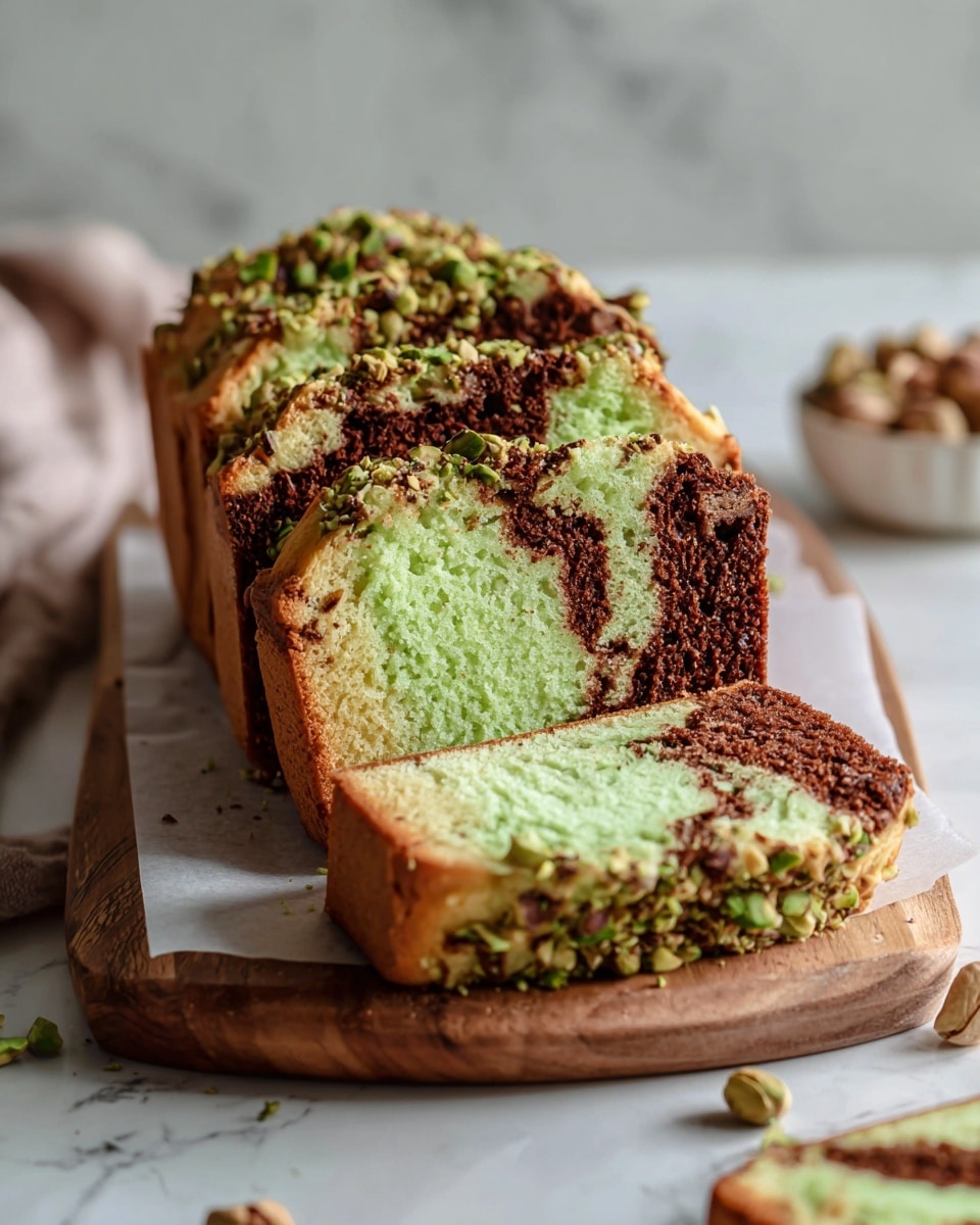 Two slices of marbled cake are stacked on top of each other on a wooden board over a white marbled surface. The cake shows swirls of light yellow and dark brown layers mixed together, creating a marble pattern inside each slice. The edges are rough with jagged bits, topped with scattered small green pistachio pieces. Some pistachios are also scattered on the white marbled surface around the board, and a soft, knitted cream fabric is partially visible in the background. photo taken with an iphone --ar 4:5 --v 7