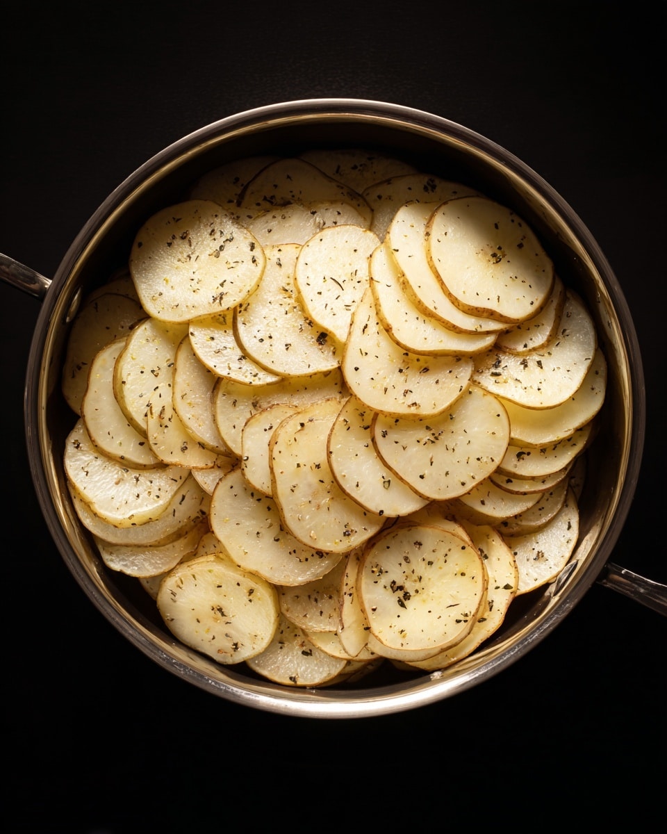 A shiny metal pot filled with thin potato slices stacked unevenly inside. The potato slices have light brown edges with a pale, creamy center and small black specks of seasoning on top. The pot sits on a black cooking surface that reflects the pot’s shine. The overall look shows the raw potatoes ready for cooking. photo taken with an iphone --ar 4:5 --v 7