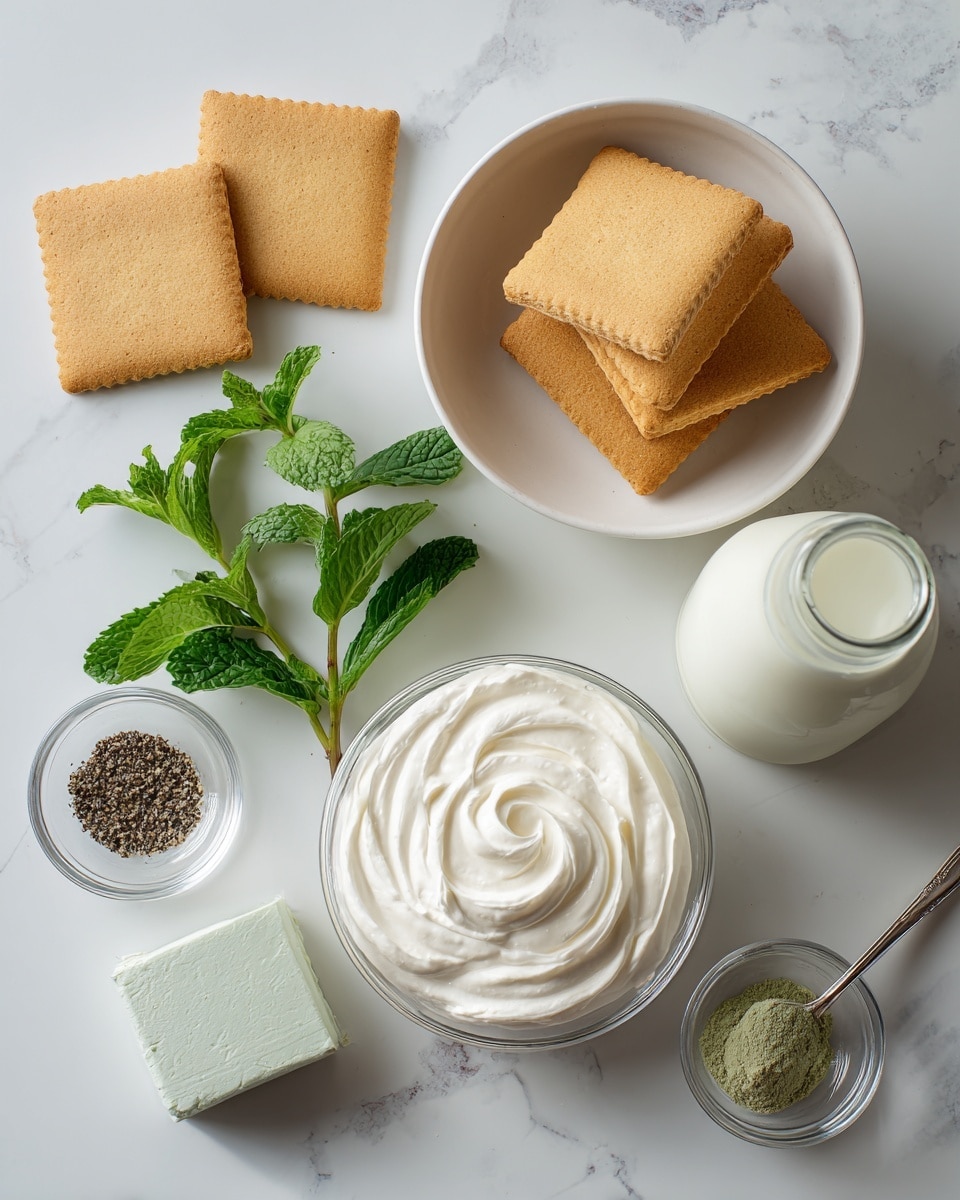 The image shows ingredients arranged neatly on a white marbled surface. There are two square golden-brown biscuits placed side by side at the top left, near a sprig of fresh green mint leaves in the center. To the right, a white bowl holds several golden-brown square biscuits stacked together. Below the biscuits, there is a glass bowl filled with white whipped cream while next to it is a white bowl with smooth cream swirled in a spiral. At the bottom left, a rectangular block of light green mint-flavored item is placed, and nearby is a small glass bowl containing ground black pepper. On the bottom right, an opaque glass bottle contains pale green milk with a metal cap, and a small spoon filled with green powder rests beside it. The photo is taken with an iphone --ar 4:5 --v 7