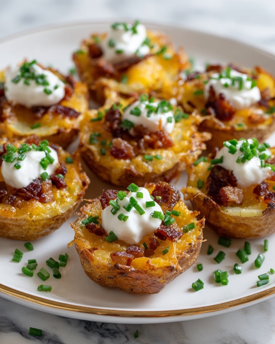 The image shows a white plate with several small, round potato skins arranged neatly. Each potato skin has a golden-brown crispy base layer with a textured surface, topped with melted orange cheese and small dark red pieces of bacon. On top of the cheese and bacon layer, there is a dollop of white sour cream, sprinkled with finely chopped green chives. Some extra chives are scattered on the white marbled surface around the plate. The photo is close up and softly focused in the background showing depth. Photo taken with an iphone --ar 4:5 --v 7