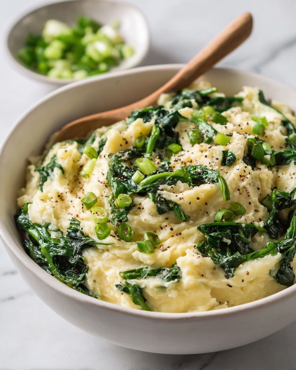 A white bowl filled with a creamy layer of light yellow mashed potatoes mixed with pieces of bright green cooked leafy vegetables spread evenly throughout. Small black pepper specks are sprinkled on top, adding texture and contrast. In the blurred white marbled background, there is a small white bowl with diced green vegetables and a soft wooden spoon. The focus is tight on the bowl of mashed potatoes, showing the smooth but slightly chunky texture alongside the fresh vegetables. photo taken with an iphone --ar 4:5 --v 7