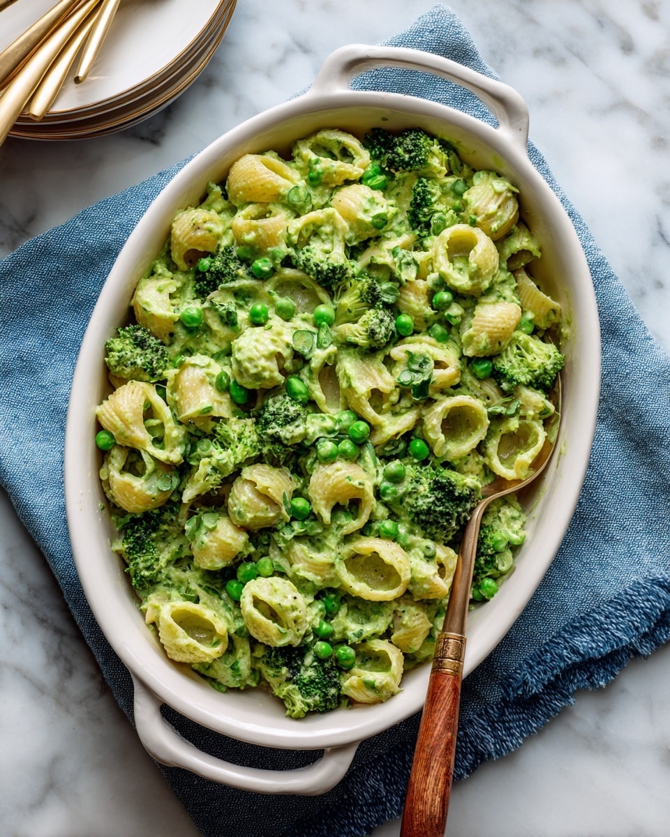 A white oval casserole dish filled with macaroni pasta mixed with bright green sauce, small green peas, and broccoli florets scattered evenly throughout. The creamy green sauce coats the pasta and vegetables smoothly. A gold spoon with a wooden handle rests inside the dish, partly submerged in the pasta. The casserole dish sits on a blue cloth on a white marbled surface. In the top left corner, there are stacked white plates with gold fork and spoon on top. photo taken with an iphone --ar 4:5 --v 7