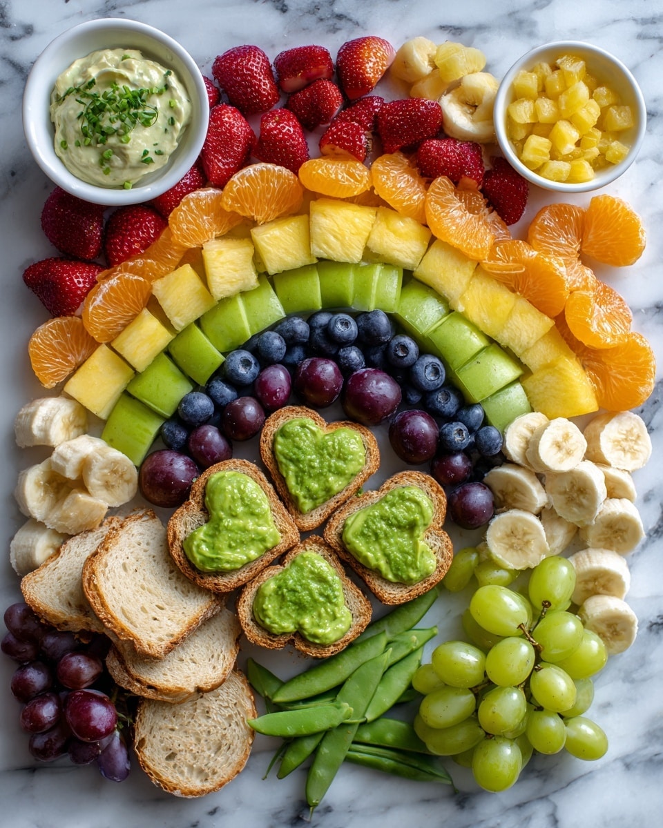 The image shows a colorful fruit and vegetable arrangement on a white marbled surface. At the top left, there is a round white bowl filled with green dip, surrounded by beige cracker sticks. Next to the crackers are bunches of green grapes and four large dark green leaves shaped like hearts placed in the center. Surrounding the leaves are diced green kiwi pieces on the top right, clusters of red raspberries below the grapes, and baby orange carrots forming a curved line beneath the raspberries. Below the carrots, yellow bell pepper strips are paired with green snap pea pods. A row of dark blue blueberries follows, with two slices of green kiwi at the bottom left. To the right, an avocado half filled with small yellow chickpeas completes the layout. The photo is taken with an iphone --ar 4:5 --v 7