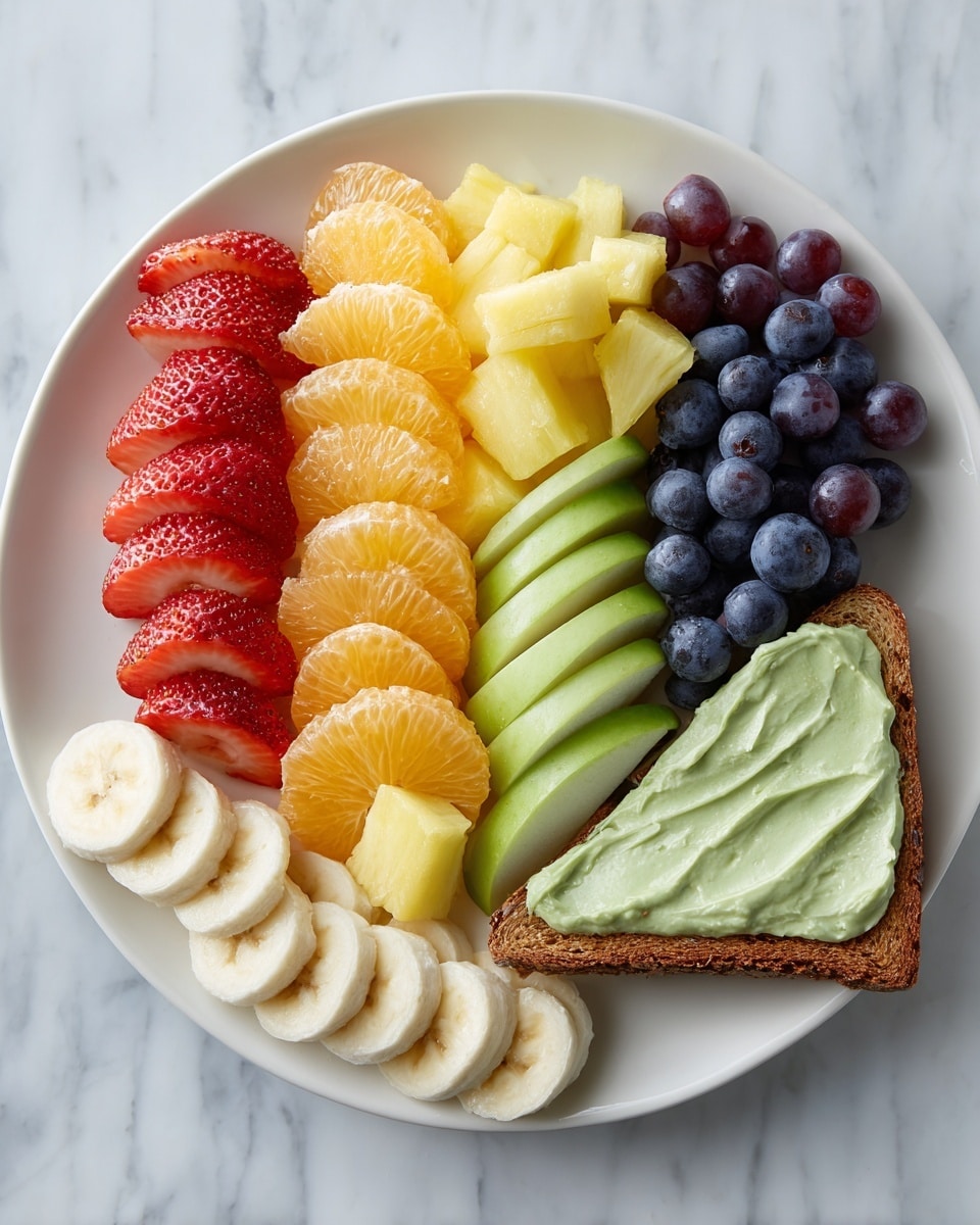 The image shows a white plate with seven layers of neatly arranged fruits and a piece of toast with green spread. The bottom layer has pale yellow banana slices, thin and oval-shaped, covering the bottom left corner. Above them, bright red strawberries are placed in a row, each cut into halves with seeds visible. Next, there are bumpy, light orange segments of tangerine arranged closely. Above the tangerine are yellow pineapple chunks, cut into bite-sized pieces. A row of pale green apple slices follows, long and side by side. Above them, there are dark blue blueberries mixed with round, dark red grapes placed closely. On the right, there is a slice of brown toast topped with a smooth, creamy, pale green spread. The plate rests on a white marbled surface. photo taken with an iphone --ar 4:5 --v 7