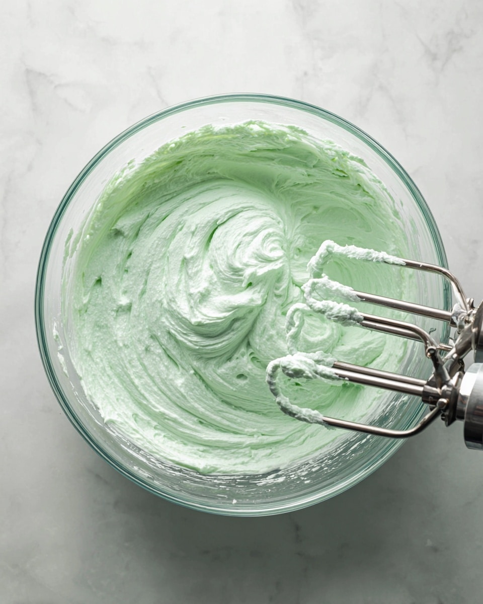 A clear glass bowl holds a thick, creamy mixture of light mint green color with soft, smooth swirls on its surface, showing the texture of whipped frosting or batter. An electric mixer with silver beaters is partially submerged on the right side, blending the mixture inside the bowl. The whole scene is set on a white marbled surface, adding a clean and bright contrast to the creamy green mix. Photo taken with an iphone --ar 4:5 --v 7