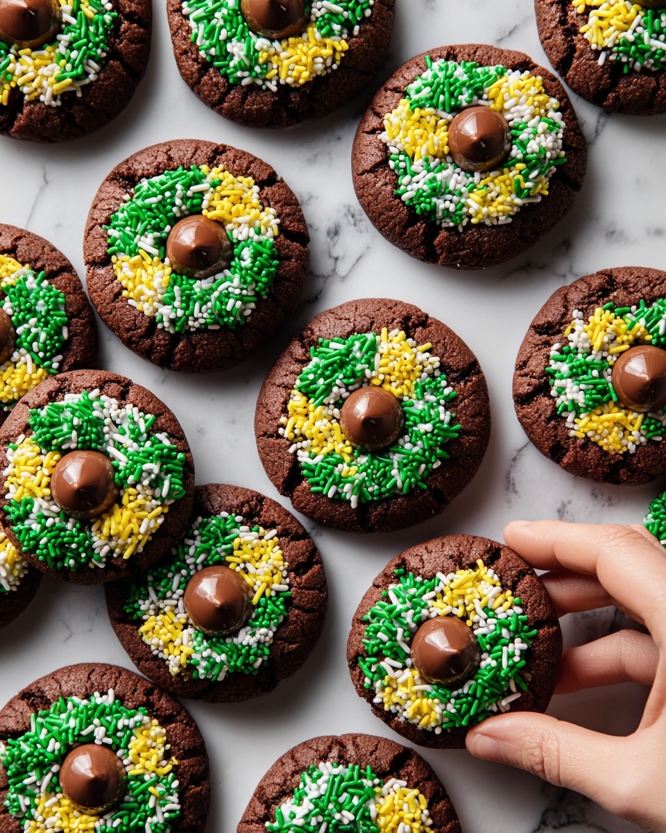 The image shows twelve round chocolate cookies arranged in neat rows on a white marbled surface. Each cookie has colorful sprinkles mainly in green, yellow, and white scattered evenly on the top, with some cookies featuring a large milk chocolate drop in the center. A woman's hand is seen placing or holding one chocolate drop on a cookie in the lower left corner of the image. The cookies have a slightly cracked texture with rich dark brown color, and the sprinkles add a festive, lively look. photo taken with an iphone --ar 4:5 --v 7
