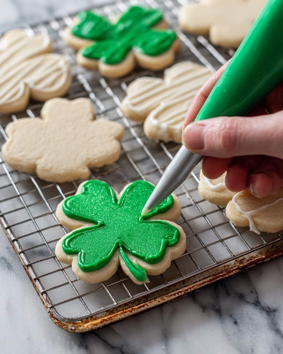 A light beige, four-leaf clover-shaped sugar cookie lies on a silver wire rack above a rusty metal tray. A woman's hand is squeezing bright green icing from a green piping bag, carefully outlining the edges of the cookie and filling one leaf with smooth green icing that has a shiny texture. The other cookies on the rack are plain with no icing. The setting is on a white marbled surface. photo taken with an iphone --ar 4:5 --v 7